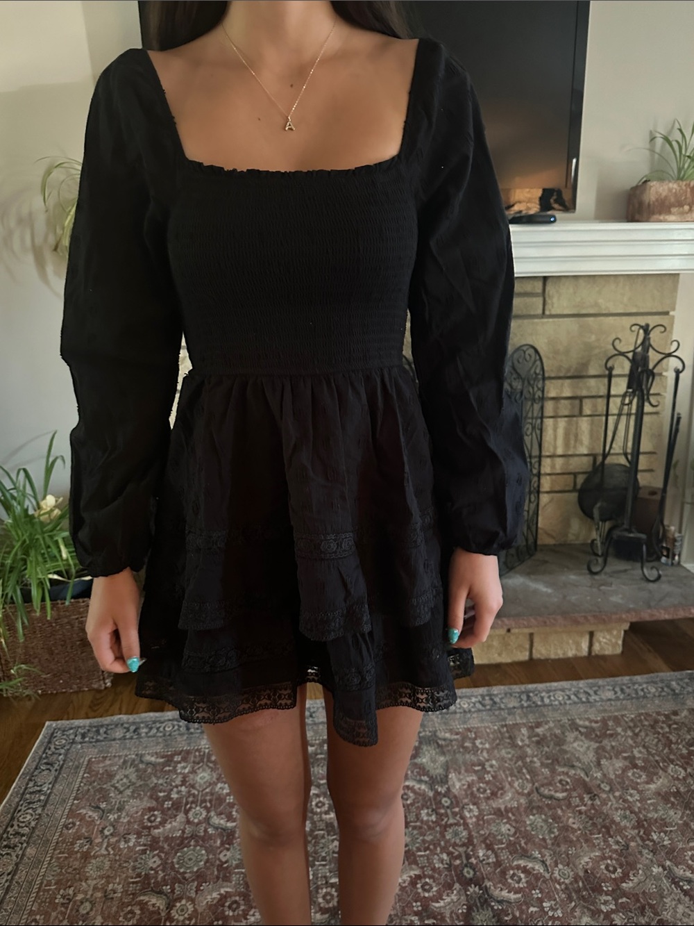 Altar'd State Black Smocked Bodice Tiered Mini Dress - Picture 1 of 5
